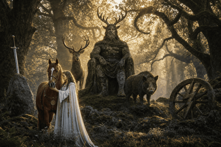 Illustration symbolique des dieux gaulois avec une figure inspirée de Cernunnos, des symboles celtiques et une atmosphère forestière.