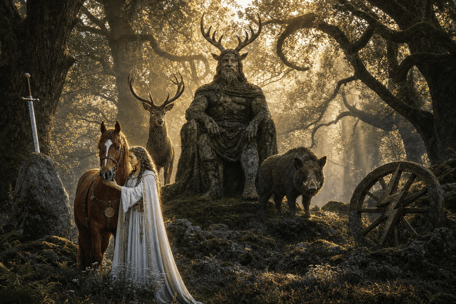 Illustration symbolique des dieux gaulois avec une figure inspirée de Cernunnos, des symboles celtiques et une atmosphère forestière.